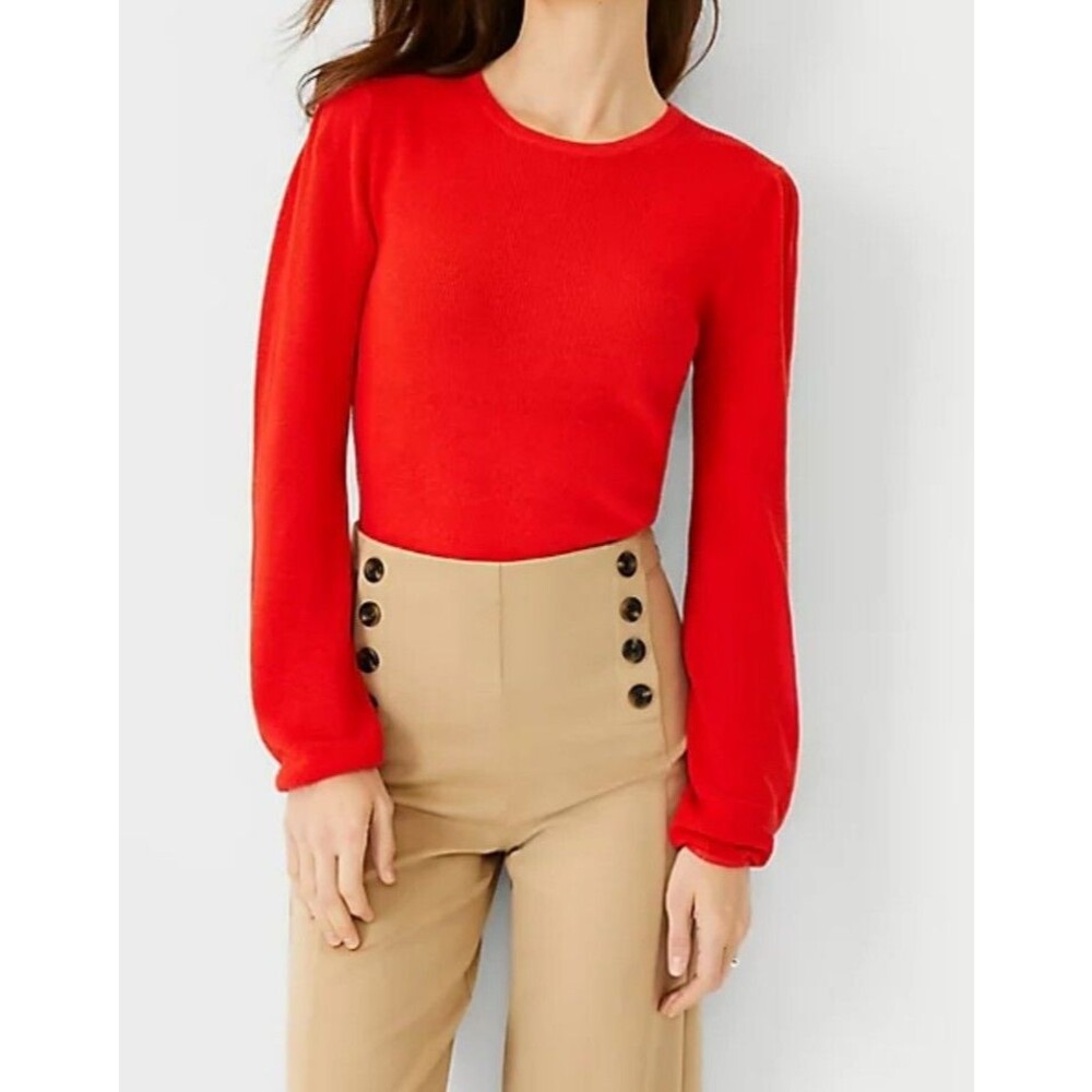 Ann Taylor Petite Ribbed Puff Sleeve Sweater Vermillion Size XLP